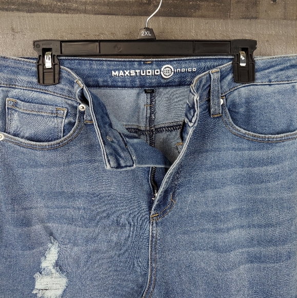 Max Studio Indigo Distressed High Rise Skinny Raw Hem Jeans - Picture 6 of 10